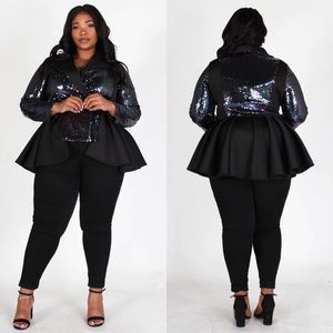Plus Size Black Sequin Peplum Jacket